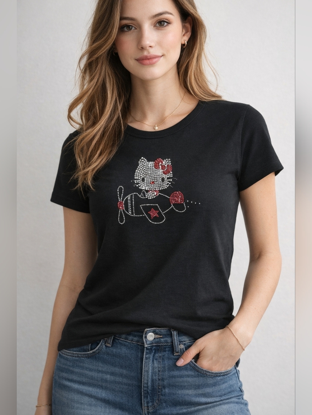 Sanrio Hello Kitty Rhinestone Tee Black Graphic Top Women’s Small/Medium Y2K